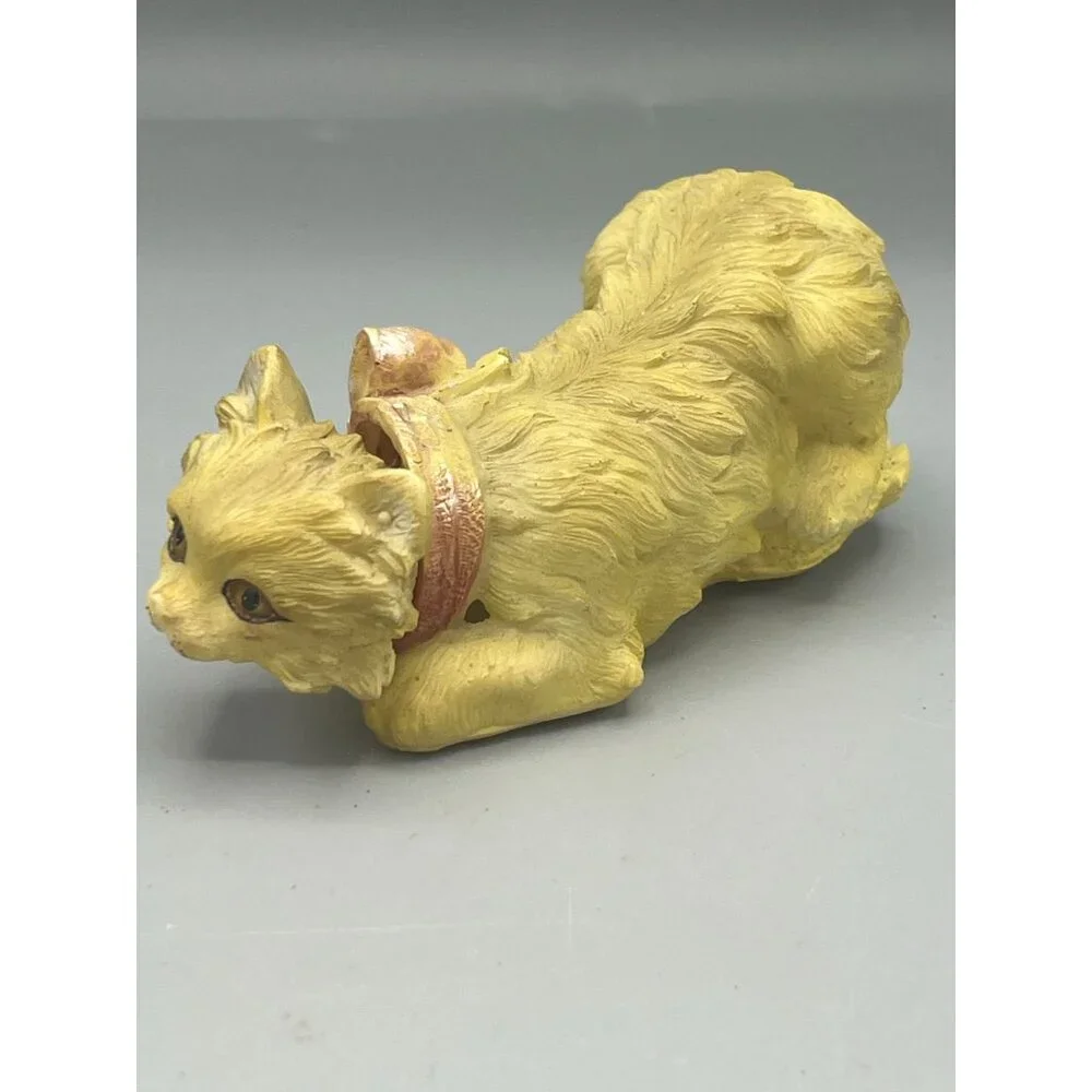 Rare VTG Yellow Cat Figurine Bobble Head With Bow Accent 4.5